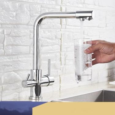 Imagem de Filtro torneira da cozinha cromo beber água pura torneira da cozinha deck montado alças duplas 3 maneiras misturador de água quente e fria, cromo, 1