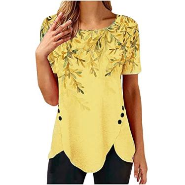 Imagem de Blusas femininas com estampa floral de mármore, caimento solto, gola redonda, blusas femininas de manga curta outono verão 2024, Q-958 amarelo mostarda, 3G