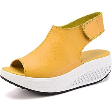 Imagem de XBAO Sandálias femininas confortáveis de salto baixo com tira no tornozelo, gancho e laço, sandália plataforma moderna de bico aberto, Amarelo, 38