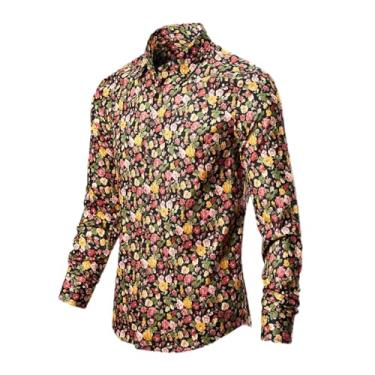Imagem de Camisas masculinas algodão roupas vintage flores camisa coreana roupa masculina praia masculina manga longa camiseta top, Amarelo, XXG
