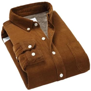 Imagem de Camisa masculina de algodão veludo cotelê quente inverno forro grosso de lã térmica manga comprida camisas masculinas, Marrom escuro, 3G