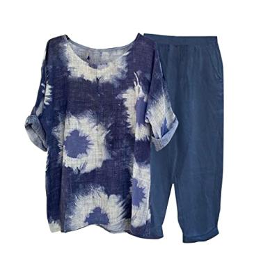Imagem de Conjunto de 2 peças para mulheres, roupa de treino de linho de manga curta e calça de perna larga com lantejoulas, shorts de treino 2023, Hh3-azul-marinho, G