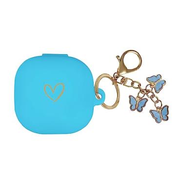 Imagem de AIIEKZ Compatível com Samsung Galaxy Buds FE/ 2 / Buds Pro/Buds Live/Buds 2 Pro, capa de silicone macio com padrão de coração dourado com chaveiro de borboleta fofo para meninas e mulheres (azul