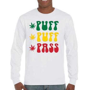 Imagem de Camiseta de manga comprida Puff Puff Pass 420 Weed Lover Pot Leaf Smoking Marijuana Legalize Cannabis Funny High Pothead, Branco, 3G