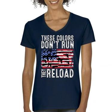 Imagem de Camiseta feminina gola V These Colors Don't Run They Reload 2nd Amendment 2A Second Right American Flag Don't Tread on Me, Azul marinho, G