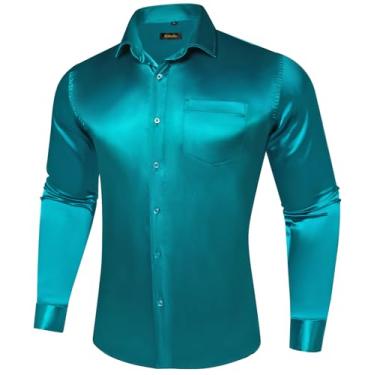 Imagem de DiBanGu Camisa social masculina manga longa cetim liso ajuste regular casual camisa de botão para festa de casamento formal, Cetim azul, GG
