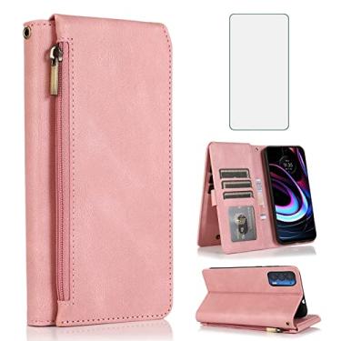 Imagem de Asuwish Compatível com Motorola Moto Edge 2021/MotoEdge 5G UW 2021 Capa carteira protetora de tela de vidro temperado e zíper retrô de couro com suporte para cartão para XT2141-1 feminino ouro rosa