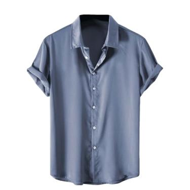 Imagem de OYOANGLE Camisa social masculina de seda manga curta cetim verão lisa abotoada, Azul empoeirado, GG