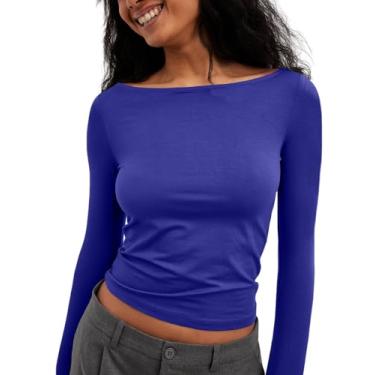 Imagem de Tankaneo Camisetas femininas de manga comprida básicas para sair, camisetas justas com gola canoa Y2K, Azul, P
