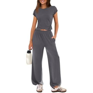 Imagem de MEROKEETY Conjunto feminino de verão de 2 peças, top cropped com manga cavada, calça comprida, conjunto casual de agasalho, Cinza escuro, X-Large