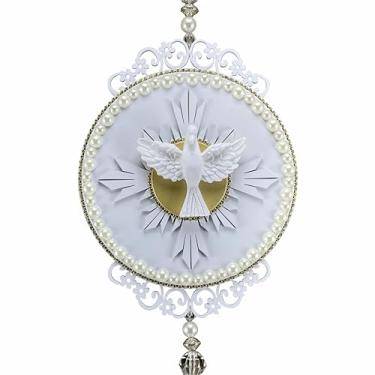 Imagem de Placa Divino Espírito Santo Resplendor Parede Porta Resina Strass Pérola Religioso Branco Decoração Plaza Design 21x16,5cm