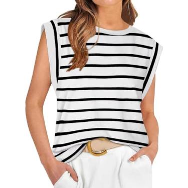 Imagem de Camiseta feminina gola redonda verão 2024 top solto estilo casual colete em elegância listrada, Branco, M, Tamanho Único