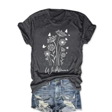 Imagem de Camiseta feminina de verão com estampa de flores silvestres casual ajuste solto manga curta flor planta top, G - Cinza escuro, M