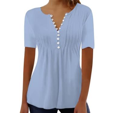 Imagem de Camiseta feminina de verão, gola V, botões, blusas, cor lisa, plissada, caimento solto, manga curta, túnica, Azul claro, 3G