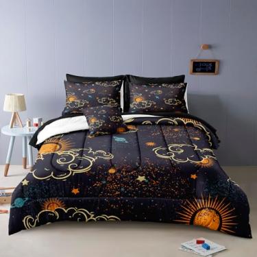 Imagem de Jogo de cama com estampa de estrela brilhante com estampa de galáxia, espaço completo, 8 peças, decoração de casa, sol e lua, com 1 capa de almofada (casal, galáxia)