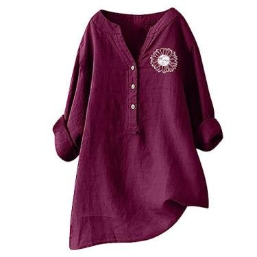 Imagem de Camisetas femininas plus size de algodão e linho com botões com estampa floral, manga comprida, blusa casual de outono, Rosa choque, XXG
