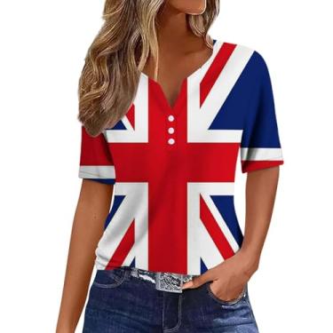 Imagem de Camiseta feminina patriótica de manga curta com bandeira americana 4th of July gola Henley Stars Stripes Túnica, Branco, G
