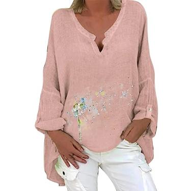 Imagem de Blusas femininas de linho de manga comprida de algodão com estampa floal casual solta redonda túnica, rosa, XG