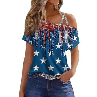 Imagem de Camisetas femininas 4th of July Patriotic American Flag Graphic Tops Sexy One Shoulder manga curta Independence Day Blusas, Branco, G