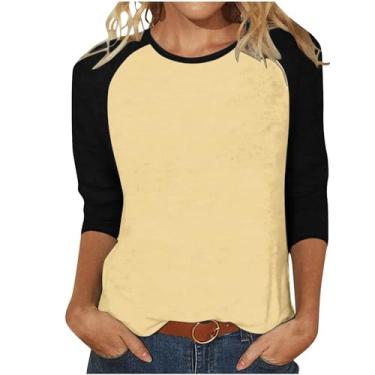 Imagem de Camiseta feminina Reglan manga 3/4 2024 Baisc verão outono casual patchwork blusas folgadas para sair túnica moderna, Amarelo, G