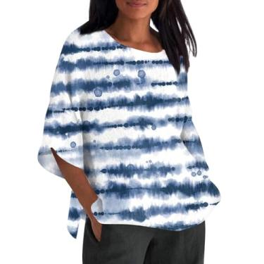 Imagem de Camisetas femininas de linho de algodão manga curta casual gola redonda camiseta grande estampa floral tops soltos verão, Azul marino, M