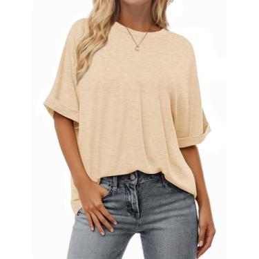 Imagem de Buauty Camiseta feminina de manga curta grande de verão solta casual básica gola redonda camiseta folgada, Creme, P
