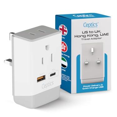 Imagem de Adaptador de tomada UK Ireland Hong Kong, Ceptics International Plug de alimentação com USB e USB-C - 2 soquetes EUA, QC 3.0 e PD - Adaptador de tomada tipo G para EUA para Inglaterra britânica Escócia Londres - Carregamento rápido