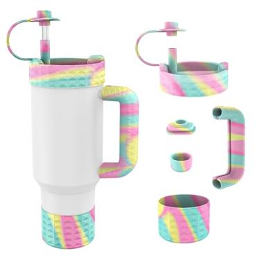 Imagem de Tyasoleil Capa protetora de silicone 5 peças para copo Stanley Quencher H2.0 850.5 g 1,134.0 g e IceFlow 850.5 g 567.0 g, reduz arranhões de ruído, tampas de palha e protetor inferior antiderrapante