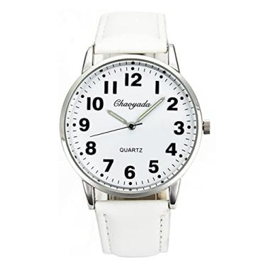 Imagem de Relógio de pulso masculino feminino casual simples couro preto branco números grandes analógico quartzo, Branco, Movimento de quartzo