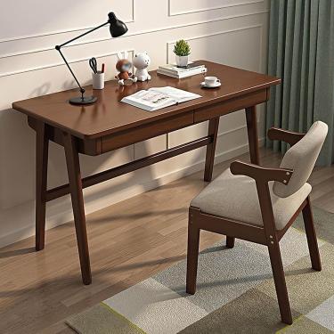 Imagem de Mesa nórdica de madeira maciça Escrivaninha robusta e estável de superfície ampla com gaveta de armazenamento Mesa de computador estilo industrial para quarto de estudo de estúdio (100x60x75