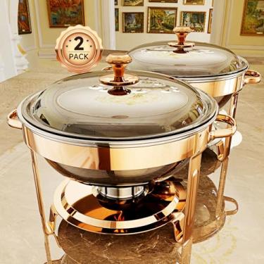 Imagem de Pratos de fricção para buffet, pacote com 4 pratos redondos de aço inoxidável de 5 litros para festas em casa, reuniões de Natal, eventos de catering, conjunto completo de aquecedor de buffet (ouro