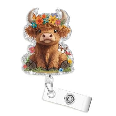 Imagem de Carretel de crachá de vaca Highland, lindo clipe de crachá de vaca, carretéis engraçados retráteis para enfermeiros, porta-crachás retráteis com clipes, corda retrátil de nylon durável para