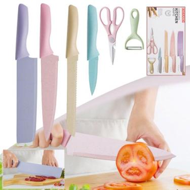 Imagem de Kit Facas Aço Inox Colorida 6 Peças Cozinha Presente Faqueiro - FACASC