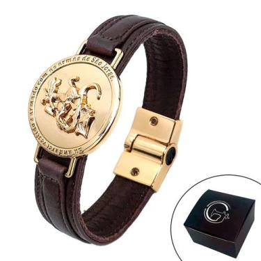 Imagem de Pulseira de Couro Magnética Masculina Feminina Marrom São Jorge  Doura