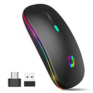 Imagem de aMZCaSE Mouse sem fio de LED, recarregável e silencioso, mouse óptico portátil de 2,4 G, com receptor USB e adaptador tipo C, 3 DPI ajustáveis para laptop, computador, notebook, desktop (preto)