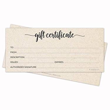 Imagem de Certificados de presente em branco 321Done 10 x 23 cm Kraft Tan Color para pequenas empresas, feriados, Natal, spa, salão - script minimalista - Feito nos EUA, Certificates Only, No Envelopes, 4" x 9"