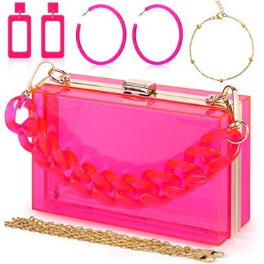 Imagem de Jadive 4 peças femininas bolsa de mão acrílica transparente clutch bolsa noturna brinco pulseira conjunto de joias neon vintage bolsa de presente, Vermelho rosa