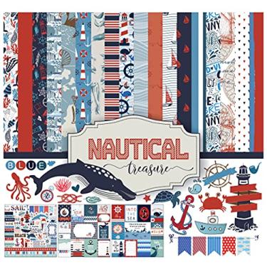 Imagem de Inkdotpot Coleção Tema Nautical Treasure Kit de papel para scrapbook dupla face, cartolina, 30,5 x 30,5 cm, pacote de papel para fazer cartões com folha de adesivo, 16 páginas, vermelho e azul