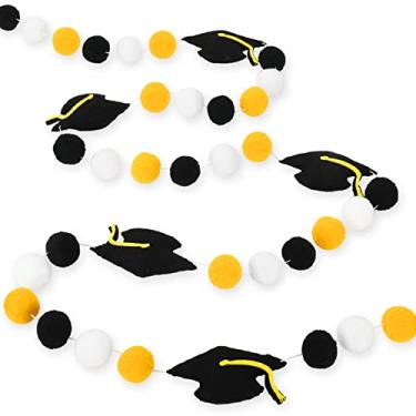 Imagem de Whaline Boné de graduação bola de feltro guirlanda chapéu de formatura 3D pompom guirlanda classe de 2024 parabéns graduado ornamentos pendurados branco amarelo preto pompom bola banner para festa de