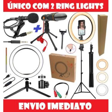 Imagem de Kit Para Gravar Vídeo Celular 2 Ring Light Iluminador 16cm + 26cm Trip