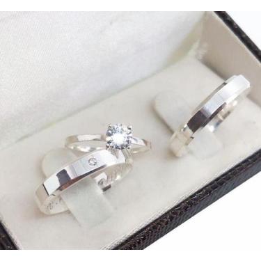 Imagem de Alianças Reta Com Kina Com Pedra Compromisso Namoro Prata 950 Fosca 6 