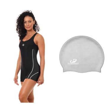 Imagem de Kit Macaquinho Feminino Natação e Touca De Silicone Grande (Preto/Branco - Touca Prata, XGG)