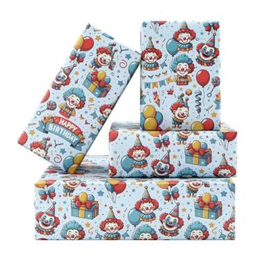 Imagem de Papel de embrulho Coringa, 4 folhas de papel de embrulho de palhaço azul vermelho e azul balão pirulito caixa de presente para meninas, meninos, crianças, aniversário, chá de bebê, casamento, festa de
