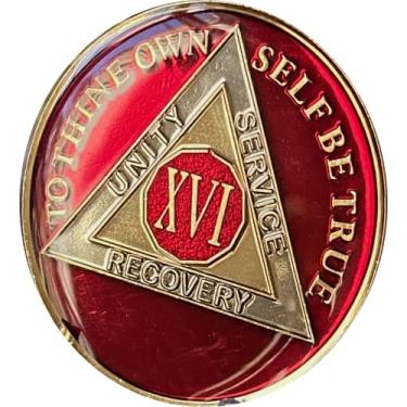 Imagem de Medalhão AA de 16 anos, chip de sobriedade vermelho mandarim metálico grande de 3,8 cm