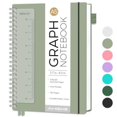 Imagem de AHGXG Caderno de papel milimetrado – Caderno espiral com 160 páginas, caderno gráfico A5 14,5 cm x 21 cm, papel quadriculado de 100 g/m², capa de plástico impermeável, para matemática de engenharia de