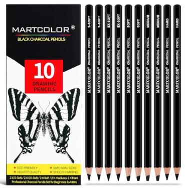 Imagem de MARTCOLOR Lápis de carvão para desenho, 10 peças (S-Soft, Ex-Soft, Soft, Medium & Hard) Lápis de carvão preto para esboçar, sombrear, misturar