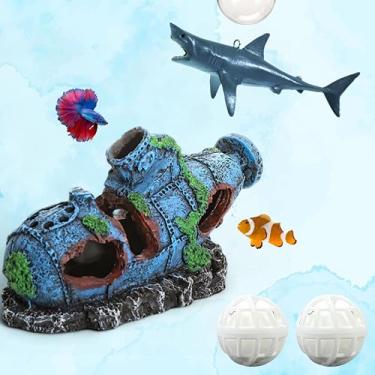Imagem de Submarino de aquário com peixes flutuantes falsos e conjunto de bola de filtro, decorações de aquário de naufrágio, mini tubarão, bolas nitrificantes, decoração de aquário de navio afundado,