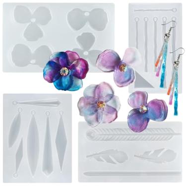 Imagem de FUNSHOWCASE Conjunto de moldes de silicone de resina epóxi para brincos, 4 unidades, suprimentos de fundição de joias, geométrico, pena, flor de pétala, corda