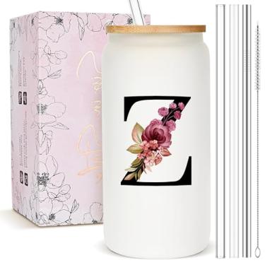 Imagem de Presentes personalizados para mulheres, copo de vidro fosco monograma com canudo e tampa, caneca personalizada fofa, copos de café gelado com inicial personalizada, copo de bebida personalizável,