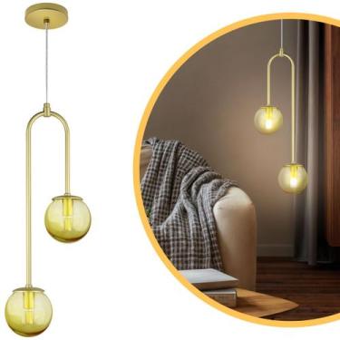 Imagem de Pendente Lustre Luminária Dourado Canne Globo Vidro Ambar - Iluminar A